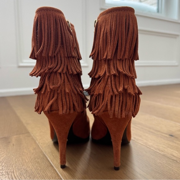 Schutz Kassia Brown Suede Fringe Ankle Boots Heeled Western Boho Boots - Size 40 - Picture 7 of 12